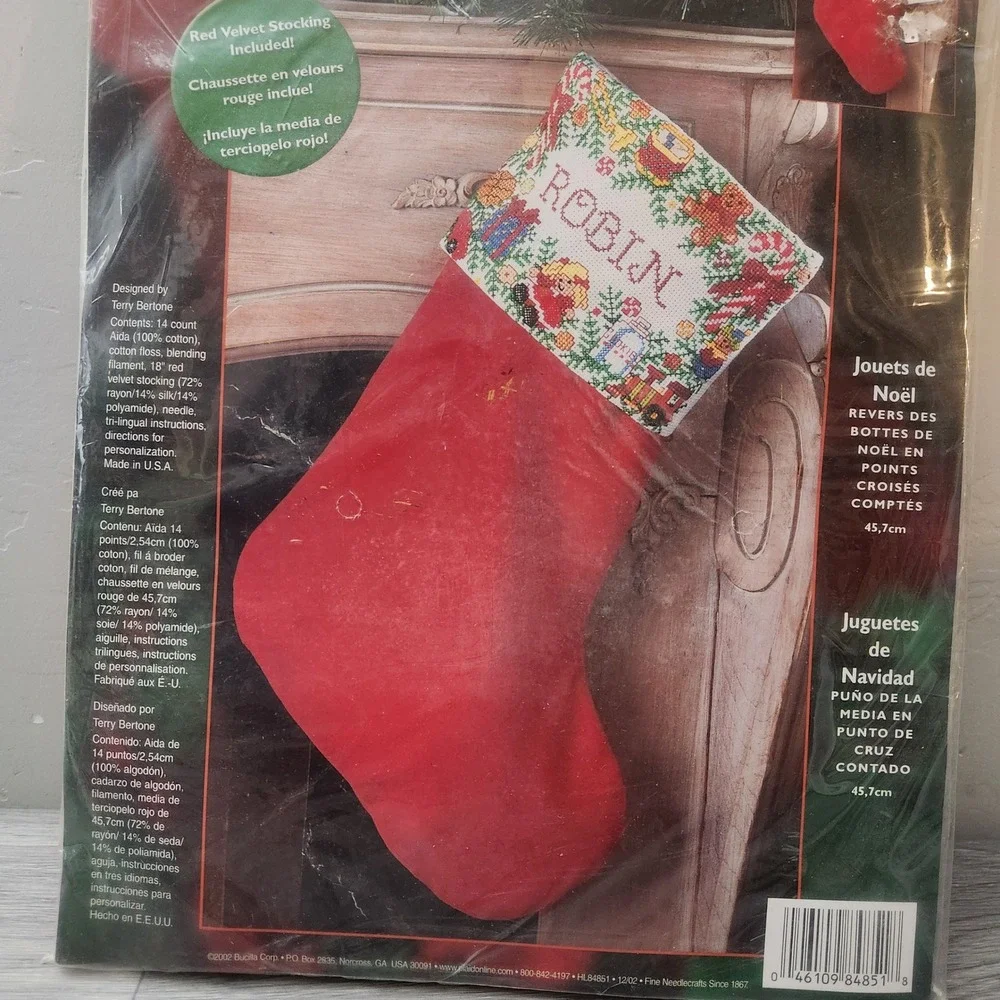 Vintage‎ Bucilla Christmas Toys Counted Cross Stitch Stocking Kit Red Velvet 18